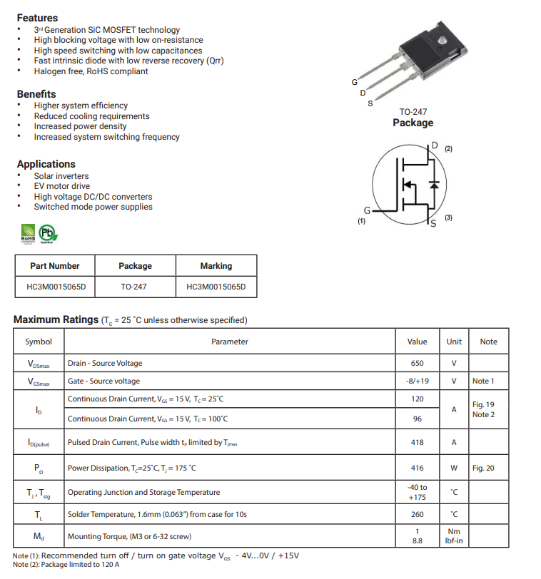 HXY MOSFET(华轩阳电子) HC3M0015065D(TO-247)  碳化硅MOS